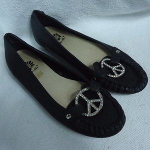 Yellow Box Black Leather Bling Peace Sign Loafers